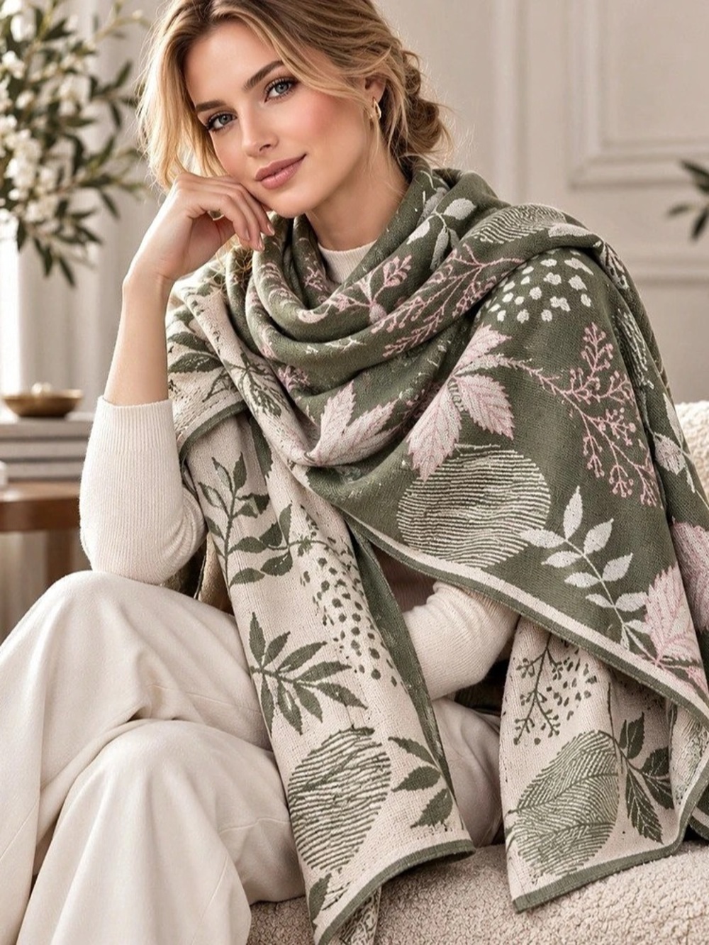 Elegant Women’s Reversible Botanical Scarf Olive Green Cream Oversized Fall Wint